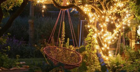 Garden at night with lanterns and fairy lights. Image shot 06/2008. Exact date unknown.